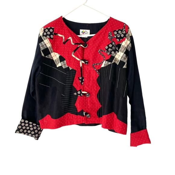 Elizabeth Vintage Patchwork Appliqué Linen Cotton Black Red Blazer Jacket small - Picture 1 of 8